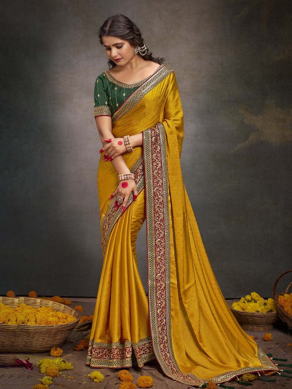 Mustard BSY Satin Embroidered Saree